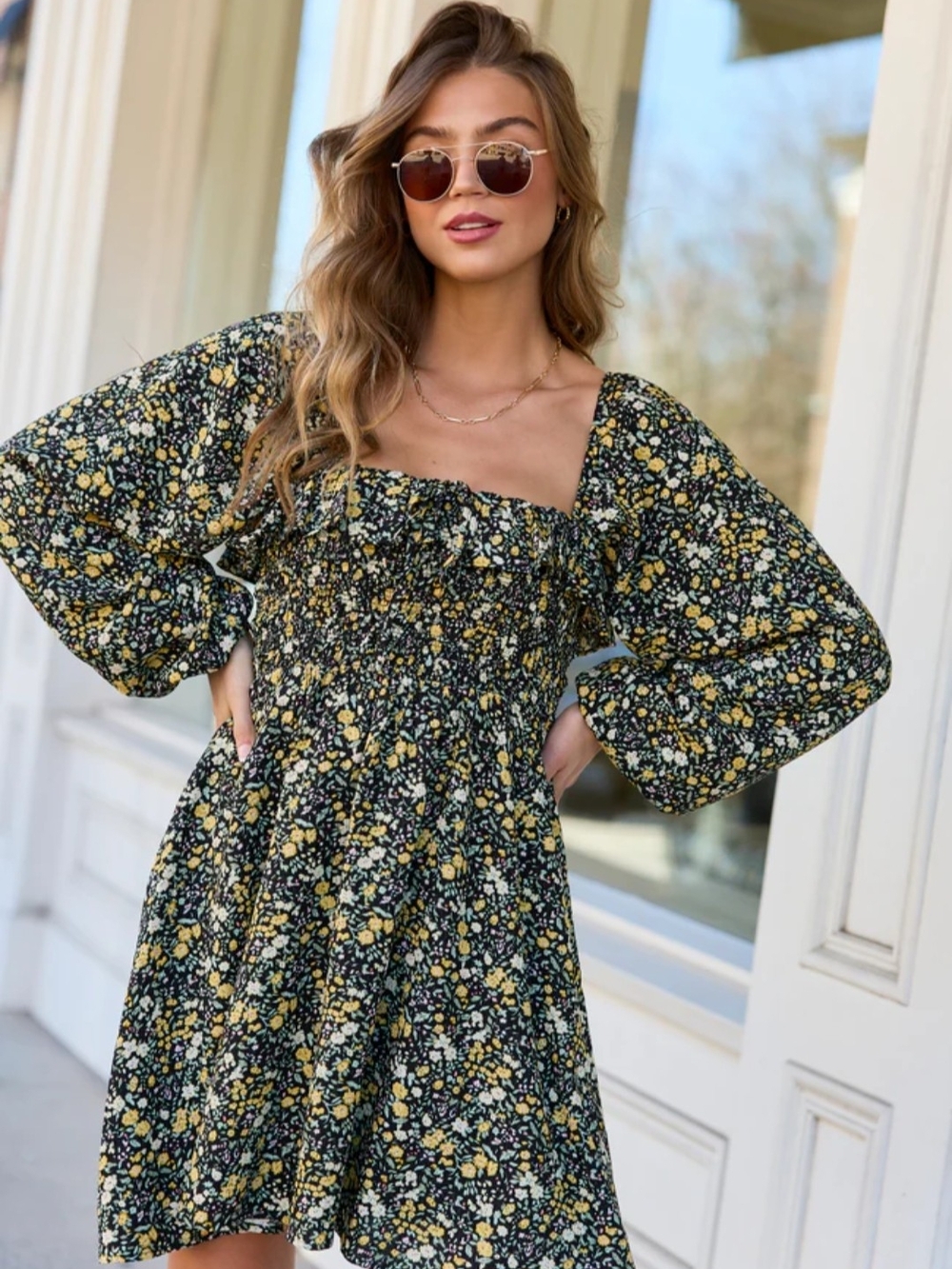 Smocked Square Neck Floral Mini Dress in Yellow NWOT